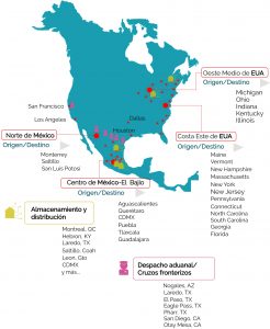 Principales ciudades en las que Mexicom Logistics brinda sus servicios de transporte de carga entre Estados Unidos y Mexico