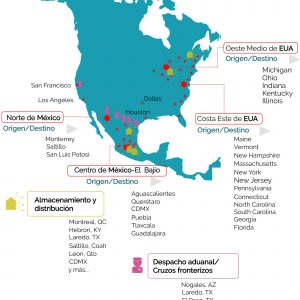 Principales ciudades en las que Mexicom Logistics  brinda sus servicios de transporte de carga entre Estados Unidos y Mexico