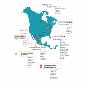 Mapa sobre el transporte terrestre de carga a través de Norteamérica