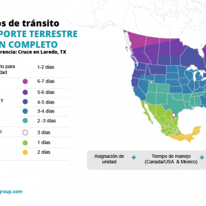 Mapa  con los tiempos de transito  para el transporte de carga terrestre entre Estados Unidos, Canada y Mexico