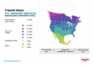 Map showing the Transit times for ground freight shipping services in FTL across Mexico, the US and Canada
