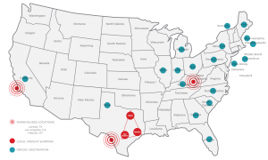 USA map locations for freight transportation and warehouses